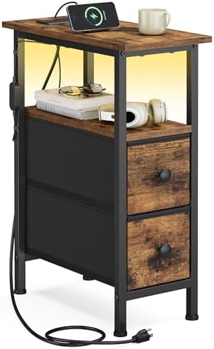 SONGMICS Side Table with LED Light, Narrow End Table with 2 Fabric Drawers by Unknown