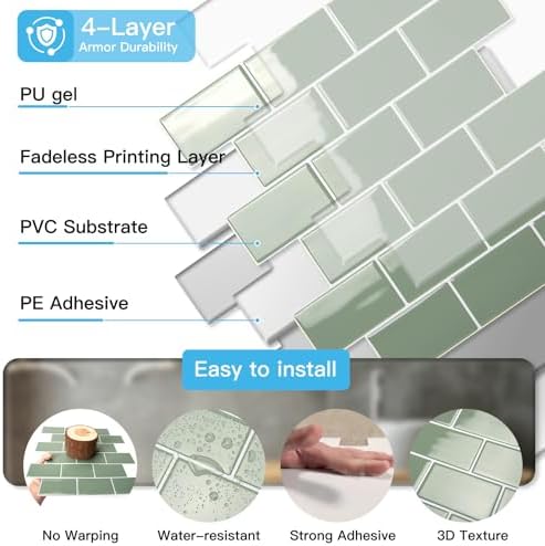 Art3d 10-Pack Subway Tiles Peel and Stick Backsplash, Teal, 12 x 12 Inch - Image 6
