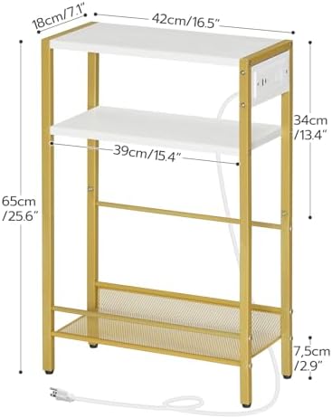 HOOBRO Small Narrow Side Table with Charging Station, Skinny End Table for Small Spaces, Slim Nightstand with USB Ports Outlet, Sofa Beside Table with Storage Shelf, White and Gold DW102UBZ01 - Image 3