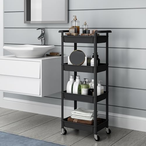 STEEHOOM 4 Tier Rolling Cart with Handle, Utility Cart with Table Top Easy Assembly Bathroom Storage Cart on Wheels for Office, Living Room, Kitchen, Craft Room, Black - Image 5