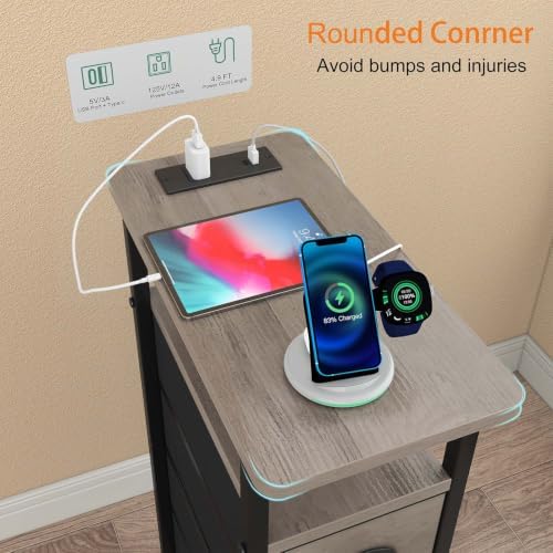sthmec Side Table with Charging Station, Narrow End Table with 4 Drawers, Small Nightstands with Fabric Drawers,Slim Sofa Couch Side Tables for Small Spaces,Living Room,Bedroom, Grey - Image 4