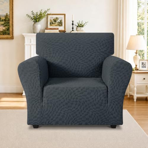 ZNSAYOTX 1 Piece Stretch Chair Cover with Arms (34"-44"), New Plaid Armchair Cover with Elastic Band for Living Room, Ultimate Soft Cozy Washable Chair Slipcover Form Fit Protector, Dark Grey - Image 2