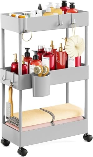 Pipishell 3 Tier Slim Storage Cart with Wheels, Bathroom Storage Cart, Gray by Pipishell