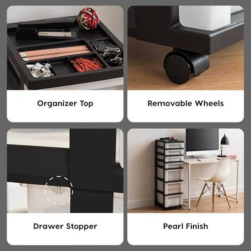 IRIS USA 2 Pack 7-Drawer Plastic Storage Rolling Organizer Cart with Caster Wheels for Laundry Room, Bathroom, or Closet Dresser Storage, Black/Clear - Image 4