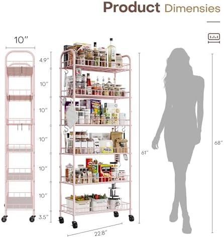 6 Tier Slim Rolling Storage Cart with Wheels, Metal Mobile Shelving Unit Organizer Utility Cart for Office Bathroom Kitchen Laundry Room Narrow Places (Pink 10 Inches) - Image 7