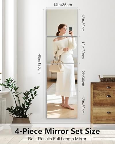 Full Length Wall Mirror Tiles, 12'' x 14'' x 4PCS, Acrylic Unbreakable Full Body Mirror for Bedroom Squares Shatterproof Mirror Sheets Wall Mounted for Home Gym Door - Image 2