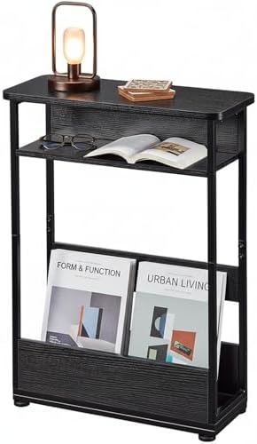 Narrow Side Table,3-Tier Slim End Table with Storage Shelf,Modern Sofa Table Thin Side Table for Narrow and Small Spaces, Skinny Bedside Table Small Nightstand with Magazine Rack Space Saving/Black by YEAKOO