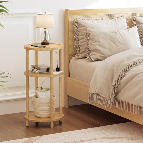 HOOBRO Small Round Side Table with Charging Station, 3-Tier Round Bamboo End Table, Compact Sofa Bedside Table for Small Space, Easy Assembly, for Living Room, Bedroom, Apartment, Natural YL152UBZ01 - Image 6