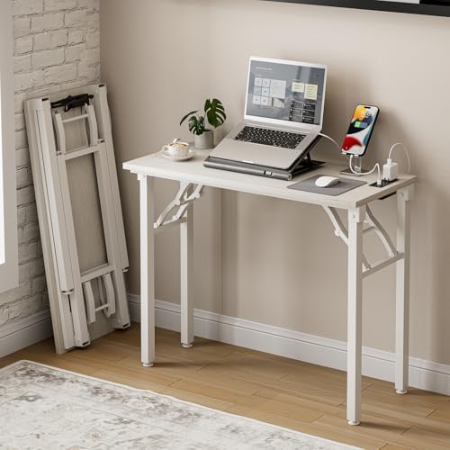 Frylr Small Folding Computer Desk – 35.8 Inch Portable Table for Craft and Study, Lightweight Desk for Small Spaces, Foldable Laptop Table Built-in AC/USB Outlets for Convenience, White Ash by Frylr