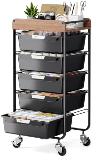 SYKIARIOL Utility Cart with 5 Labeling Drawers and Wooden Tabletop,Black by SYKIARIOL