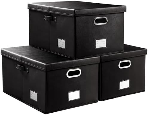 PRANDOM Collapsible Storage Box with Lid [3-Pack] Leather Fabric Foldable Storage Bin Organizer Container Basket Cube with Cover for Home Bedroom Closet Office Nursery Black(22.8X15.7X11.8) by Prandom