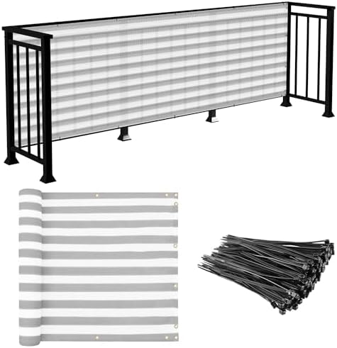 E&K Sunrise 3' x 30' Balcony Privacy Fence Screen Cover with Zip Ties Outdoor Screen Fence UV Protection for Deck Patio Backyard Apartment Pool Porch (Gray White Strip) by EKSUNRISEINC