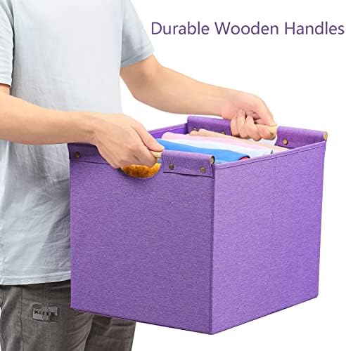 HOONEX Large Foldable Storage Bins, Linen Fabric, Pack of 2, Storage Baskets with Wooden Carry Handles and Sturdy Heavy Cardboard, for Home, Office, Car, Nursery, Purple - Image 3