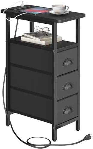 sthmec End Table with Charging Station,Narrow Side Tables with USB Ports and Outlets,Skinny Bedside Tables with 3 Drawers,Small Tables Nightstands for Small Space,Slim Sofa Table for Livingroom,Black by Unknown