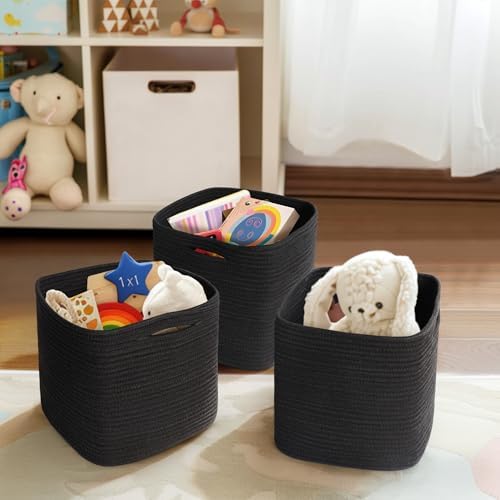 11x11x11 Cube Storage Bin - 3 Pack Woven Storage Cubes Organizer, 11 Inch Black Cotton Rope Baskets for Organizing, Square Baskets for Shelves, Nursery Closet Bins, Cubby Toy Box Organizer - Image 6