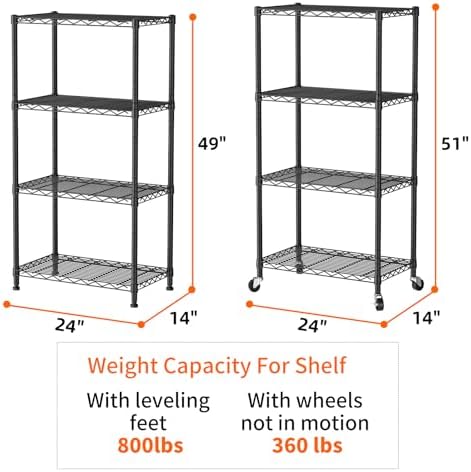 SINGAYE 4 Shelves Storage Wire Shelf Closet Metal Shelving Pantry Wheels - Image 3