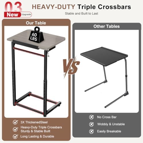 Upgrade Tv Tray Table Set of 2, 8-Level Adjustable Height Couch Side Table, 90° Tilt Angle Foldable C-Shaped End Table with Phone & Tablet Slot for Sofa, Bed, Chair Living Room (Lvory Gray） - Image 5