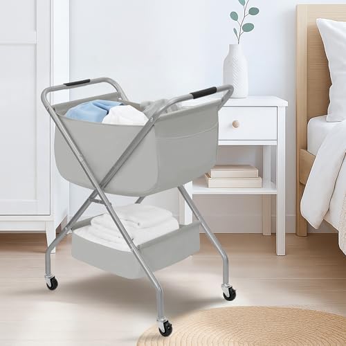 STORAGE MANIAC Collapsible Laundry Cart with Wheels 31.5"H Rolling Laundry Hamper Clothes Basket with Wheels, Canvas Liner Sturdy Steel Frame Folding for Small Narrow Space Easy Storage, Grey - Image 7