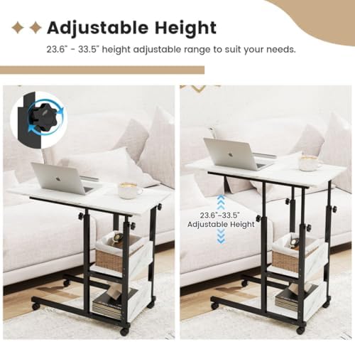 Hadulcet Adjustable C Table with Charging Station, Tiltable Desk C Shaped End Table for Couch, Over Bed Table with Wheels Adjustable Height, Hospital Table Laptop Stand Drawing Desk, Marble White - Image 3