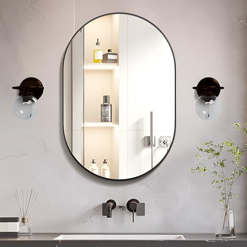 Oval Bathroom Mirror Capsule Wall Vanity Mirror, 24"x36" Pill Mirrors Wall Mounted Mirror, Large Modern Mirror with Black Metal Frame, Decor for Entryway, Bedroom, Living Room - Image 6