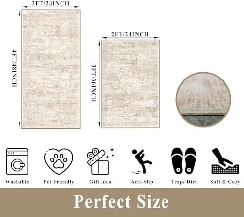 Kitchen Rugs Sets of 2, Washable Non-Slip Kitchen Mats for Floor, Stain Resistant Kitchen Runner Rugs for Kitchen Sink Laundry Entryway (Cream Beige, 2x3+2x4) - Image 2