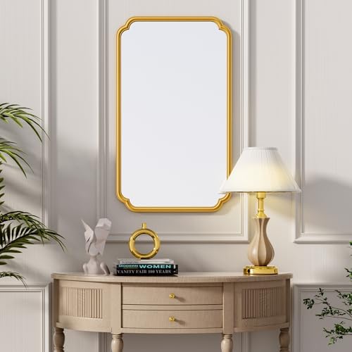 Ferytange 26"x40" Rustproof Bathroom Mirror Gold, Round Corner Metal Frame Wall Mirror, Horizontal/Vertical Hanging Over Sink, Bedroom Bathroom Decor - Image 3