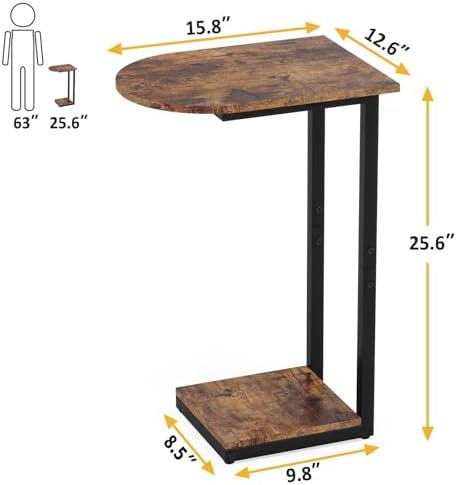 Hosfais Side Table Small End Table, C-Shaped Wood Sofa Table with Metal Frame for Living Room, Bedroom, Small Spaces (Rustic Brown) - Image 2