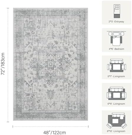 Rugxara 4x6 Vintage Boho Washable Rug for Bedroom(Grey) - Image 2