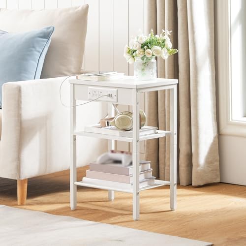 HOOBRO Side Table with Charging Station and USB Port, Small End Table for Small Space, 3-Tier Nightstand with Adjustable Shelf, for Living Room, Bedroom, White WW112BZ01 - Image 2