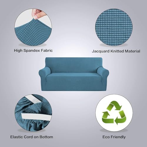 H.VERSAILTEX Stretch Couch Covers for Sofa 1 Piece Slipcovers for Couch and Sofas 3 Seater Couch Cover Feature Thick Checked Jacquard Fabric with Elastic Bottom(Large Sofa 90"-100" Wide, Dusty Blue) - Image 4
