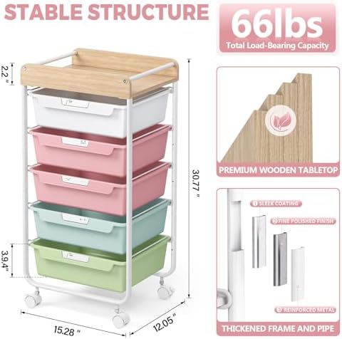 SYKIARIOL Rolling Storage Utility Cart with 5 Drawers,Colorful - Image 5