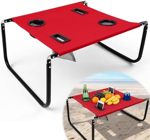 Portable Beach Table Foldable Pockets, Red, Solid Pattern by Unknown