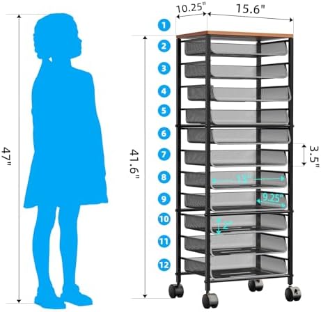 Simple Trending 12-Tier Rolling File Cart, Desk File Organizer with 11 Mesh Sliding Trays, Letter & Legal Paper Storage Rolling Utility Cart for Office Home School, Black - Image 6