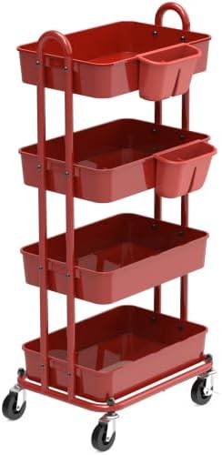 Simple Houseware 4-Tier Rolling Utility Cart with Hanging Bucket, Red by SimpleHouseware