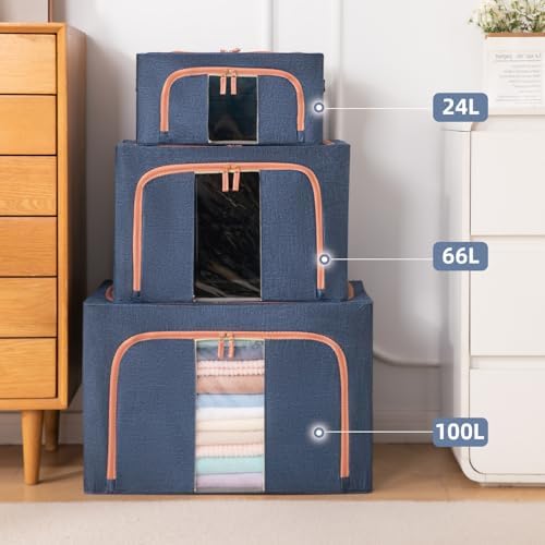 GuliPostan 3 Pack 24L Stackable Clothes Storage Bins with Metal Frame Handles & Zipper, Collapsible Closet Organizer Box with Lid for Bedding Blankets Towel (Navy) - Image 5