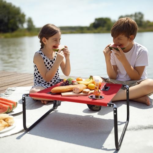 Portable Beach Table Foldable Pockets, Red, Solid Pattern - Image 6