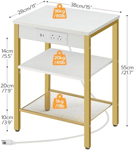 HOOBRO Side Table with Charging Station and USB Port, Small End Table for Small Space, 3-Tier Nightstand with Adjustable Shelf, for Living Room, Bedroom, White and Gold DW112BZ01G1 - Image 3