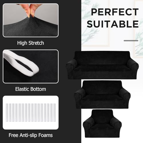 Peryiter 3 Pcs Couch and Loveseat Sofa Covers,Black,Velvet - Image 4