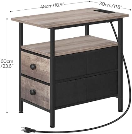 HOOBRO End Table with Charging Station, Narrow Side Table, Nightstand with 2 Non-Woven Drawers, Slim Sofa Side Table, for Small Spaces, Living Room, Bedroom, Greige and Black BG486UBZ01 - Image 3