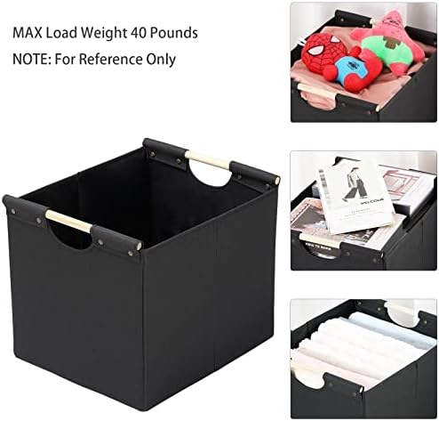 HOONEX Large Collapsible Storage Bins, Linen Fabric, Pack of 2, Storage Baskets with Wooden Carry Handles and Sturdy Heavy Cardboard, for Home, Office, Car, Nursery, Black - Image 2