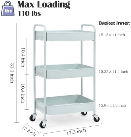 TOOLF 3 Tier Metal Rolling Cart, Utility Storage Cart with Wheels, Green | Screwless Assembly, Lockable Metal Wheels, Trolley Organizer for Bathroom, Kitchen, Office, Dorm, Laundry, Craft Room - Image 2