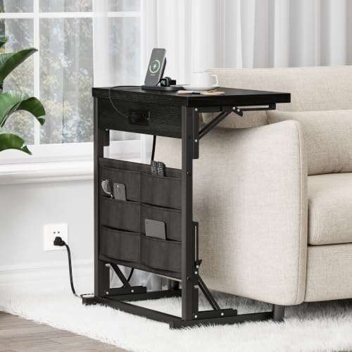 Folding C Table with Charging Station, C Shaped End Table, Sofa Tv Tray Table, Folding Side Table for Sofa, Couch Table with Storage Bag for Living Room, Bedroom Black SC-005B - Image 2