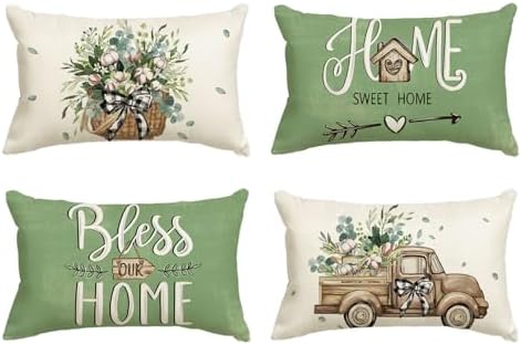 AVOIN colorlife Bless Our Home Farmhouse Eucalyptus Leaves Throw Pillow Covers, 12 x 20 Inch Green Truck Cushion Case Decorations Set of 4 by AVOINcolorlife