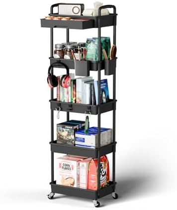 Sorgion 5 Tier Rolling Cart Organizer,Bathroom Cart Organizers with Wheels Laundry Room Organization Mobile Shelving Unit Utility Cart Storage Shelves Multi-Functional for Office, Home(Black) by Sorgion
