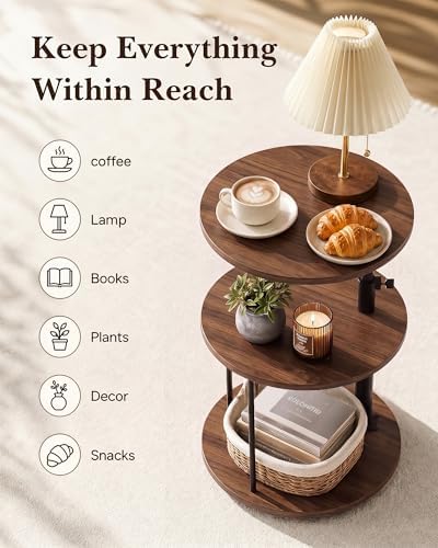Faesun Swivel Round Table for Couch Arm, Height Adjustable C Shaped End Table for Recliner or Bed, Tv Trays with Storage Shelf for Small Spaces- Small Nightstand for Living Room, Bedroom, Walnut - Image 2