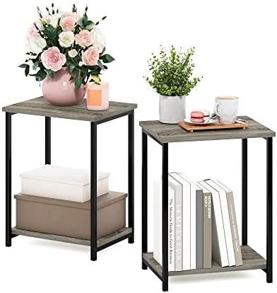Furinno Simplistic 2-Tier Metal Frame Side Table, Set of 2, French Oak by Furinno-FitsYourSpaceFitsYourBudget