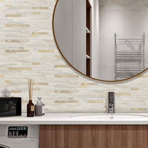 STICKGOO 20 Sheets Peel and Stick Backsplash Tile, Stick on Backsplash for Kitchen and Bathroom, Sunny Beige Look PVC Mixed Metal Gold Self Adhesive Wall Tiles - Image 2