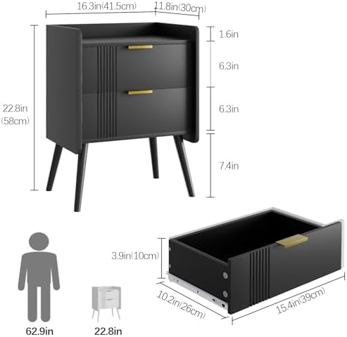Aenuert Black Nightstand Modern Bedside Table with 2 Storage Drawer, Small Night Stand, Wooden Sofa Side Table for Bedroom, Study Room and Small Spaces - Image 2
