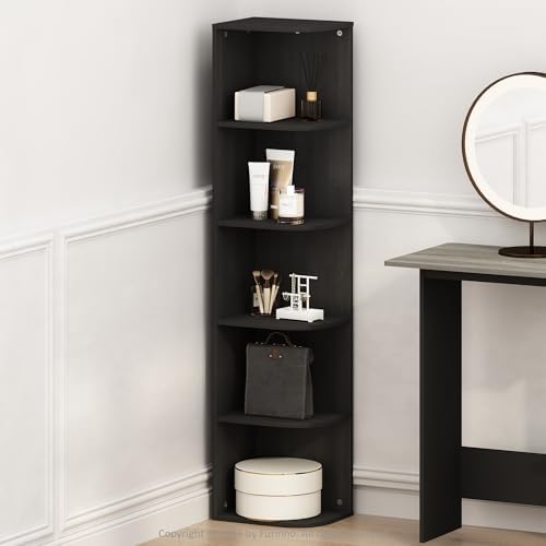 Furinno Reed Corner Shelf, 5-Tier Corner Bookshelf, Book Shelf, Corner Shelves, Storage Rack, for Organization and Storage, Home Office, Living Room, Blackwood by Furinno-FitsYourSpaceFitsYourBudget