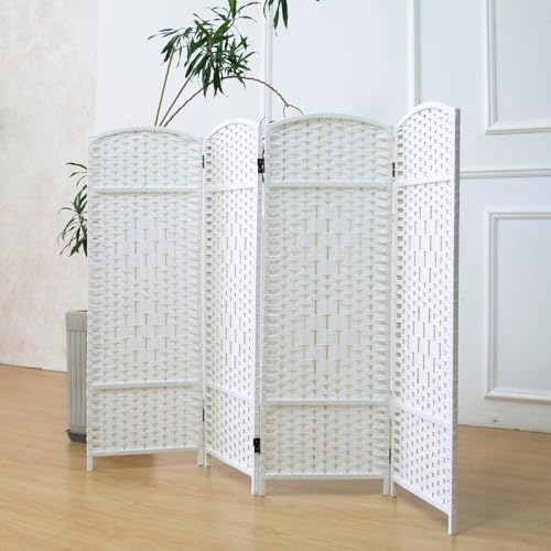 Furnnylane 4 Panel Rattan Divider Short Room Partition Screen,Double Sided Folding Divider for Room Separation,White,47.2" H x 63" W by Furnnylane